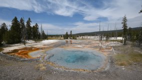 A time lapse video of Firehole Springs Geyser bubbling and steaming with White Dome Geyser going off in background at Yellowstone National Park, WY.