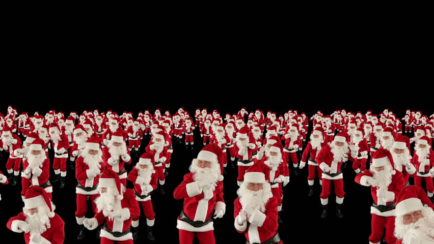 Santa Claus Crowd Dancing, Christmas Party cam fly over, against black