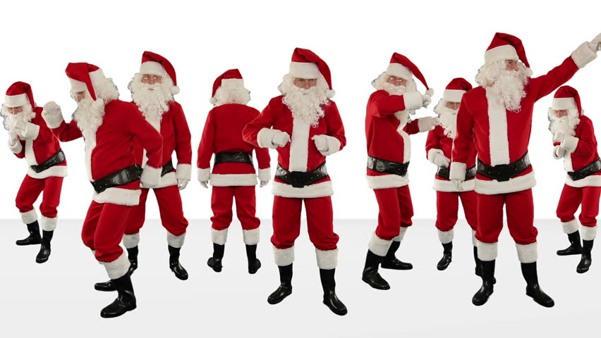 Bunch of Santa Claus Dancing Against White, Christmas Holiday Background, Alpha