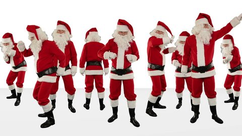Bunch of Santa Claus Dancing Against White, Christmas Holiday Background, Alpha Matte