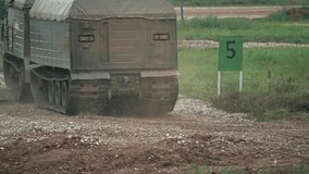 Moving Russian military crawler transporter slow motion video