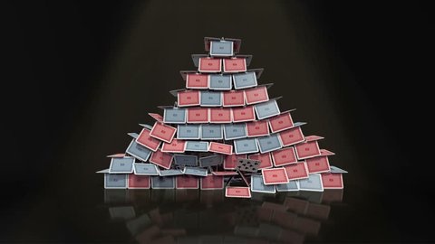 Card tower collapsing in slow motion with alpha channel
