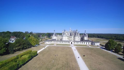 Drone footage over Château de Chambord, a Royal Renaissance castle in France's Loire Valley.