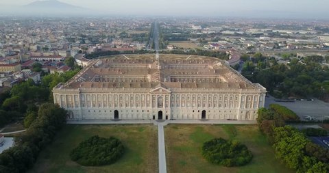 AERIAL: Flying over Reggia di Caserta Royal Palace and Gardens. Caserta, Italy.