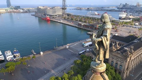 Aerial view of Columbus monument in Barcelona, summer day