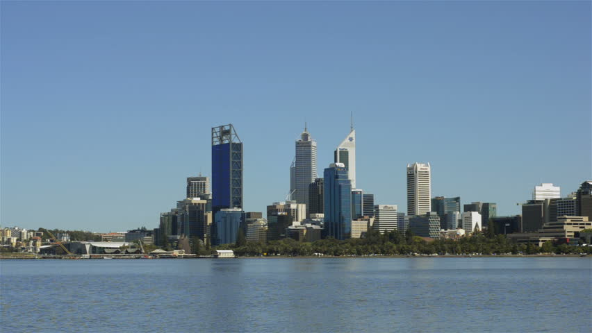 View of Perth City from across the Swan River on a clear spring day.