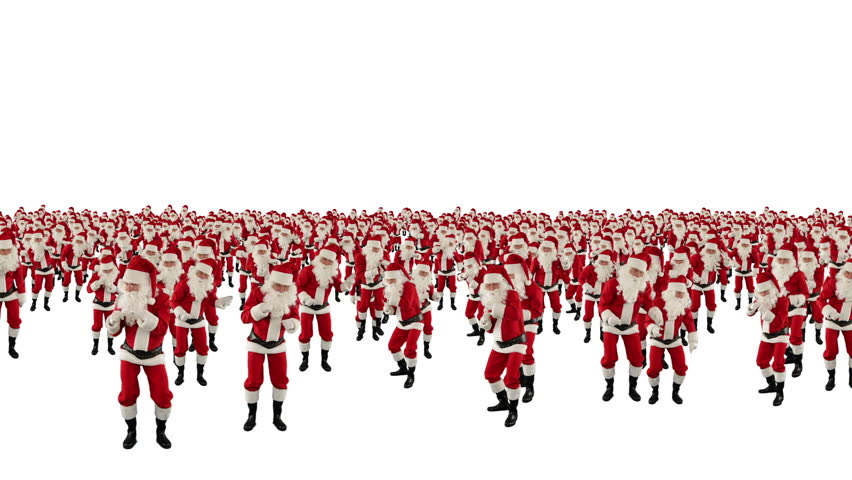 Santa Claus Crowd Dancing, Christmas Party camera fly over, against white
