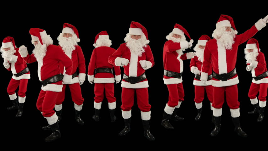 Bunch of Santa Claus Dancing Against Black, Christmas Holiday Background