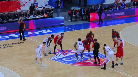 MOSCOW - JAN 27, 2017: Referee throw ball at beginning of basketball match in Megasport stadium