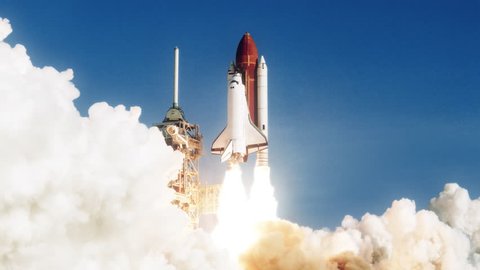 Space Shuttle launch in slow motion. (NASA logo removed) Elements furnished by NASA. Broadcast quality animation rendered at 16-bit color depth. 4K UHD.