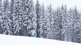 Video Skiers descend from the mountains, snowy weather