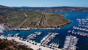Aerial panorama of marina and vineyards near Primosten resort, Croatia.