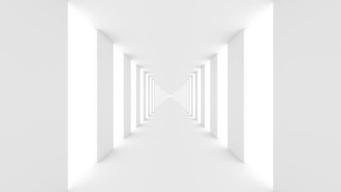 Futuristic empty white corridor with rectangular walls and bright light. Seamless looping animation.