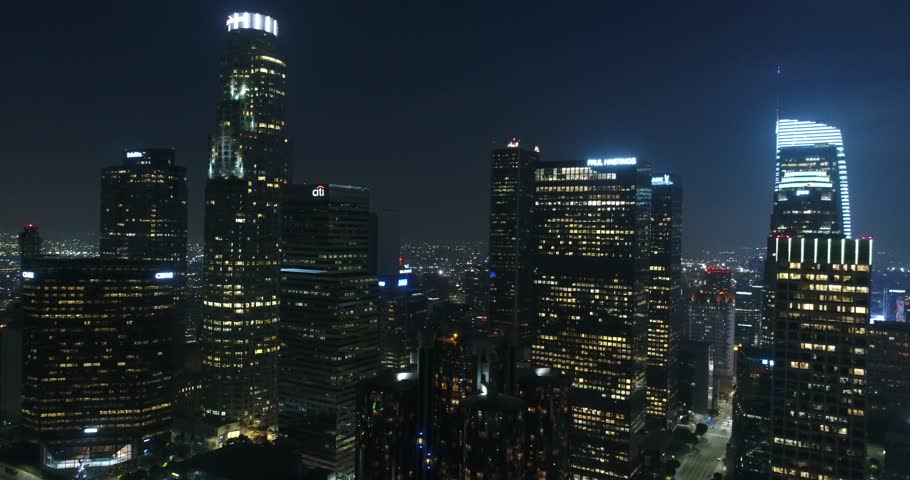 Night Aerial shot of Downtown LA / Business City View / Los Angeles, California / 07.07.2017