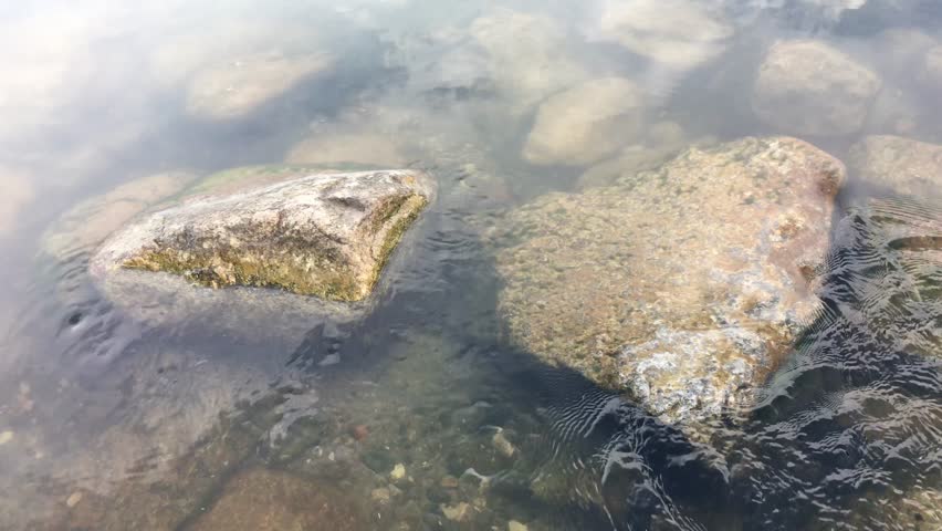 River flowing over rocks close up with light leaking through trees into water; shot directly above river at Mississippi River headwaters in Itasca State Park Minnesota.