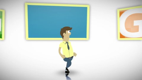Animation of a character walking next to screens