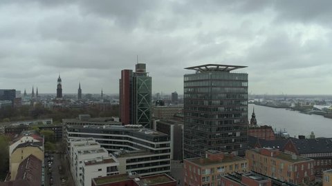 Hamburg, Germany - April 9, 2017: View of Hamburg on a cloudy day with a Drone. Graded footage