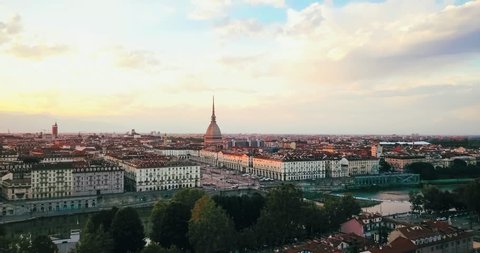 Drone sunset on Piazza Vittorio in Turin