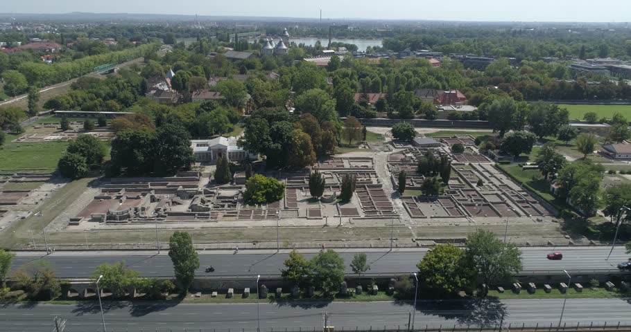 Aerial video of the city of Aquincum - Roman ruins in Budapest, Hungary