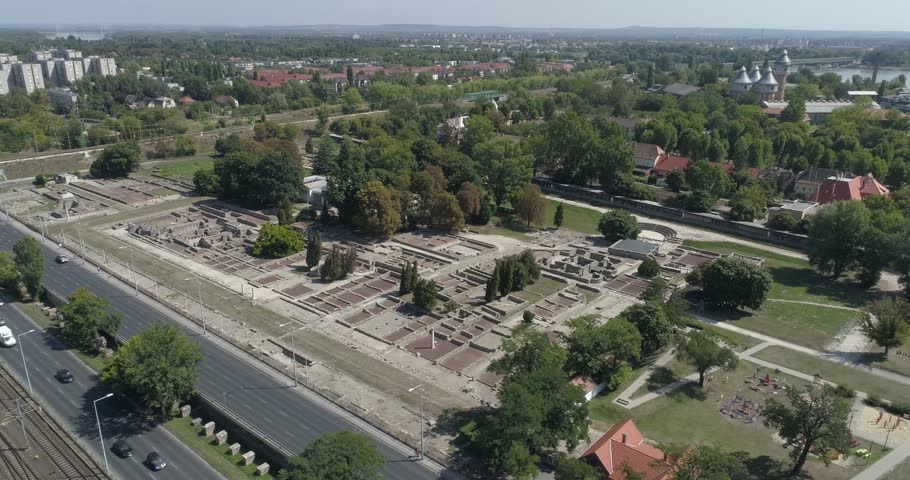 Aerial video of the city of Aquincum - Roman ruins in Budapest, Hungary