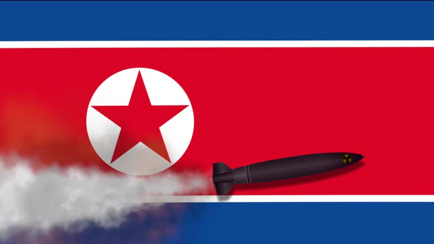 Nuclear Missile on the Background Flag of North Korea. Weapons of Mass Destruction. Missiles With Warheads - 4K Animation
