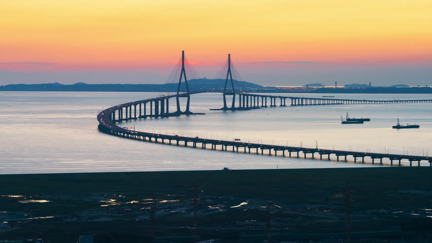 Time lapse of incheon bridge in South Korea.Zoom out