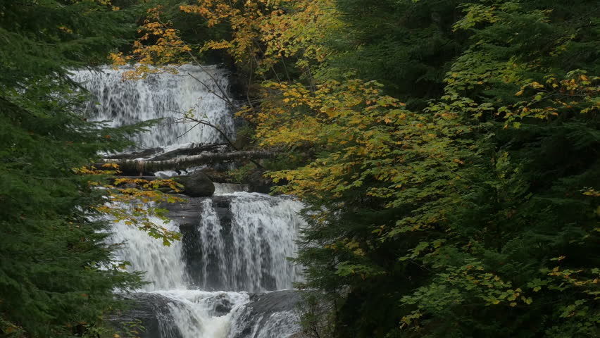 Locked down view of Sable Falls in Pictured Rocks National Lakeshore, near Grand Marais, Michigan; includes ambient audio.