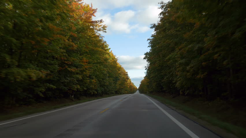 Driving POV in Autumn on a straight section of M-123 (Michigan state route 123) in Luce County, Upper Peninsula, Michigan.