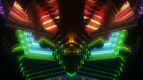 Seamless animation of colorful neon lights moving inside shader geometry for music videos, night clubs, LED screens, performance, stage design, projection mapping, fashion events.
