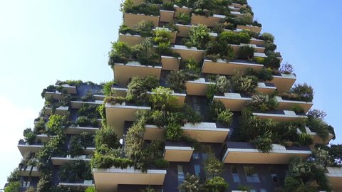 Modern and ecologic skyscrapers with many trees on every balcony. Bosco Verticale, Milan, Italy