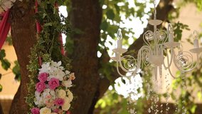 Wedding decor sequence clip pack. Rustic floristic, roses, flowers, chandelier, garlands, rings and bridal accessories. FullHD 1080p footage
