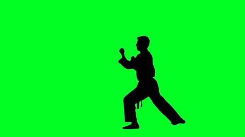 Professional karate sportsman show his fighting techniques in slow motion on a green screen