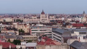 Aerial video shows the Buda side of Budapest and the Parliament building overlooking the river Danube