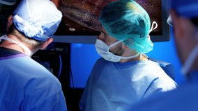 Professional hospital specialist team in scrubs in the operating theatre performing Laparoscopy surgery using video monitor playback and Endoscope and Laparoscope instruments RED DRAGON