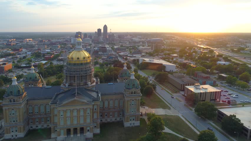 Aerial orbit Iowa State Capitol and Downtown Des Moines