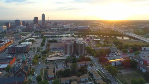 DES MOINES, IA, USA - AUGUST 10, 2017: Aerial footage Downtown Des Moines Iowa