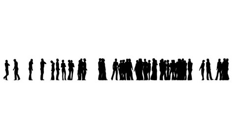 Silhouette of people standing and waiting and talking on white