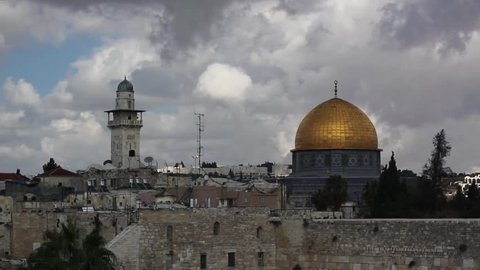 Clouds over the wailing wall and mosque of Al-aqsa (Dome of the Rock), Jerusalem, Israel