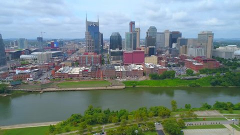 NASHVILLE, TN, USA - AUGUST 10, 2017: Drone establishing shot Downtown Nashville USA