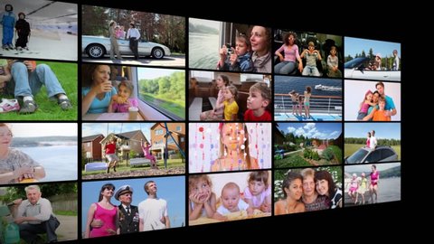 Lots of screens with videoclips of a happy family collage