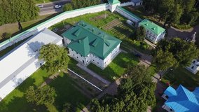 4K aerial video footage of ancient old Feodorovskiy Monastery with its towers, walls, churches and cathedrals in Pereslavl-Zalesski town Golden Ring route, north-eastern Russia, 160 km from Moscow