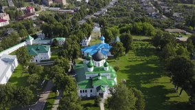 4K aerial video footage of ancient old Feodorovskiy Monastery with its towers, walls, churches and cathedrals in Pereslavl-Zalesski town Golden Ring route, north-eastern Russia, 160 km from Moscow