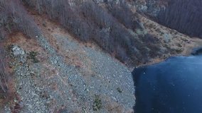 Aerial shot, white frozen wood in the mountains, filmed with drone, 4K