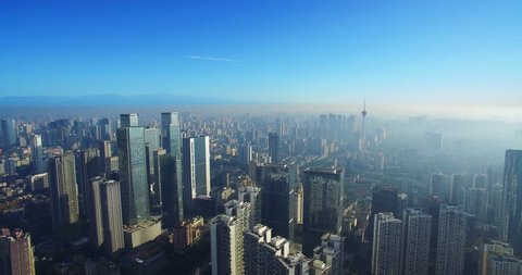 aerial view of the downtown cityscape of Chengdu city under blue sky in the morning at Sichuan China 