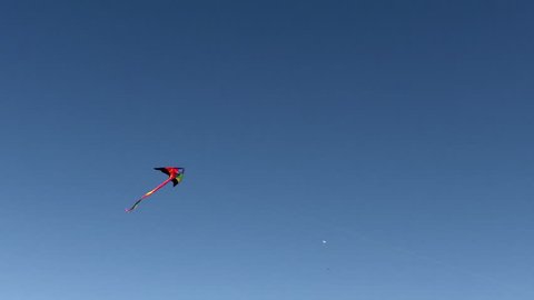 A kite floats in a blue sky