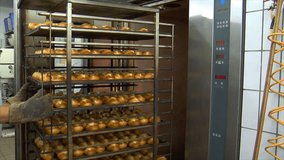 Baker takes roll bun out of a rotary oven. You will find even more GERMAN BAKERY clips in my portfolio!
