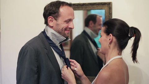Wife Knotting Necktie Her Husband Helping Stock Footage Video (100%
