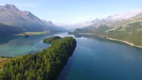 Panoramic view with a drone in Engadine Valley, Silvaplana and Sils - Swiss Alps