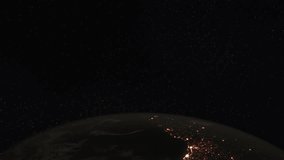 Loopable: Earth from Space. Simulated orbital space flight over the surface of the night planet Earth (South America, Japan, Russia, China, India, Arab World, Europe and Africa). (av36003c)