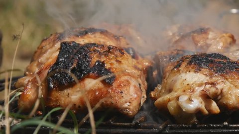 Close Image Pan View with a Roasted and Tasty Chicken Barbecue Grilled